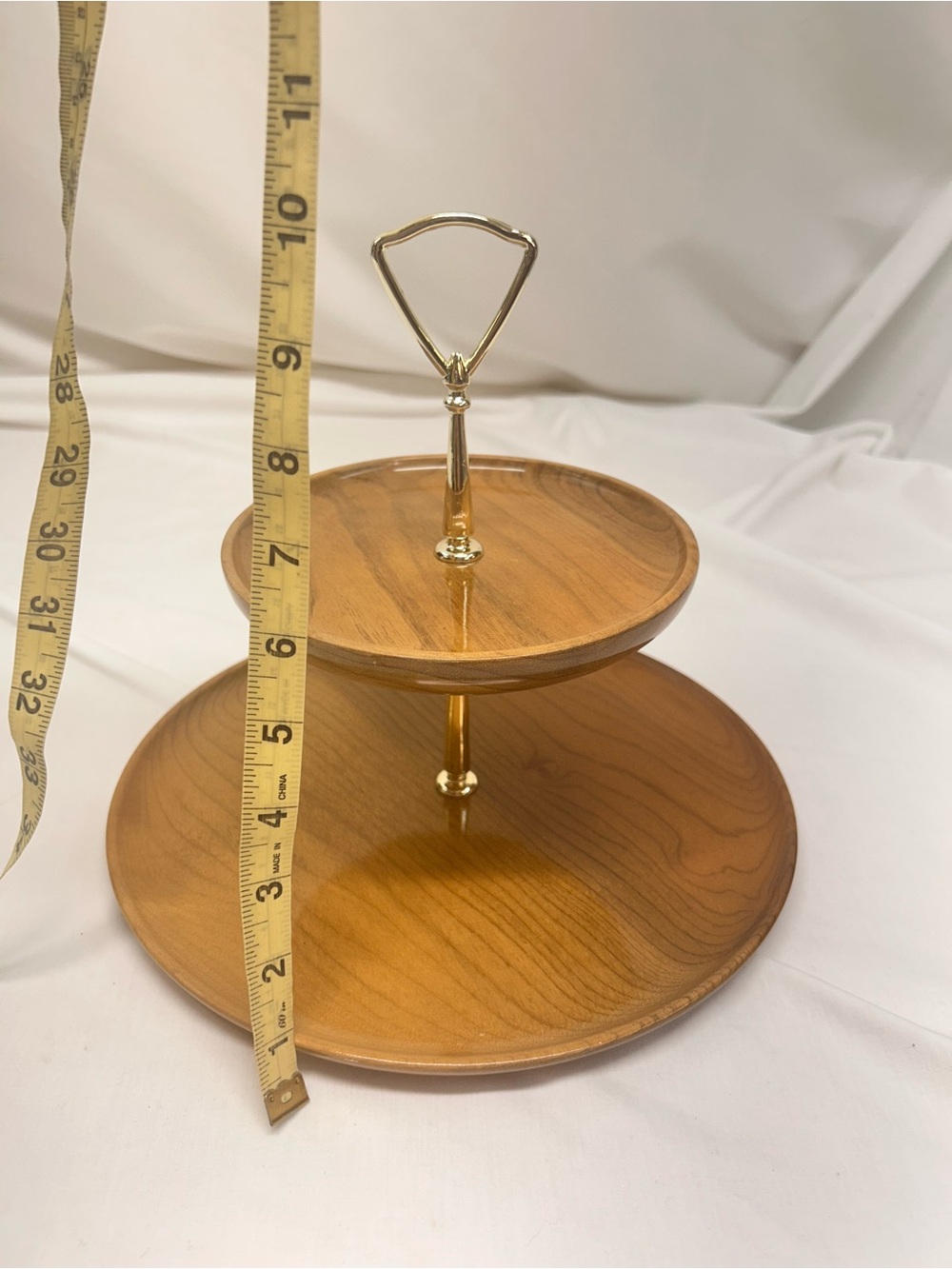 MCM “Hilltop” Oregon Myrtlewood Two-Tier Wood and Gold Serving Stand - Picture 3 of 8